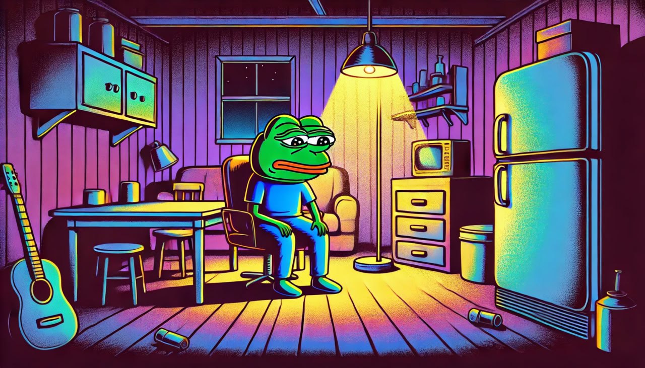 Pepe sitting in his neon-lit room contemplating his next move